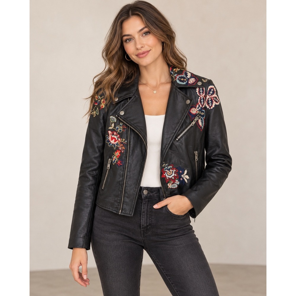 V Cristina Womens Black Faux Leather Floral Embroidered Moto Biker Jacket Size M